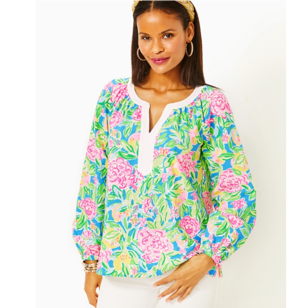 NWT LILLY PULITZER CAMRYN COTTON LONG SLEEVE TUNIC FLORAL BLOUSE SIZE S